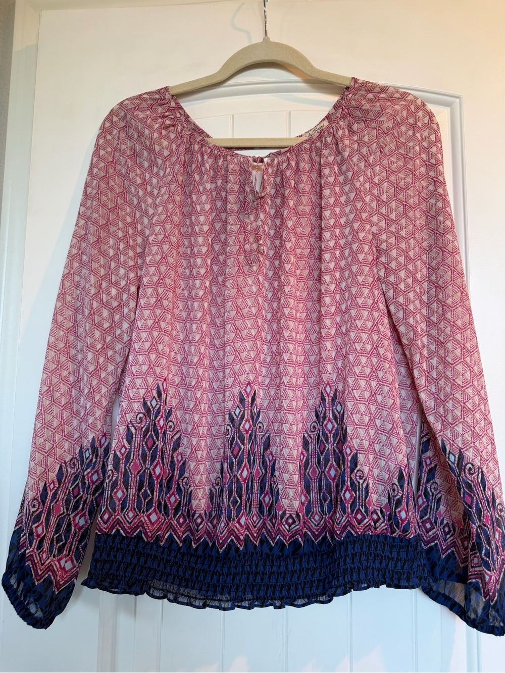 Lucky Brand Pink and Navy Printed Peasant Blouse